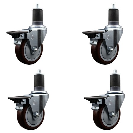 Service Caster 4'' Maroon Poly Swivel 1-5/8'' Expanding Stem Caster Set with Brake, 4PK SCC-EX20S414-PPUB-MRN-PLB-158-4